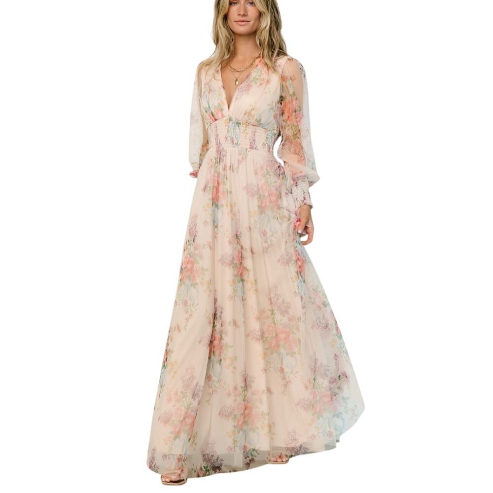 Floral Long Sleeve V-Neck Maxi Dress in Blush